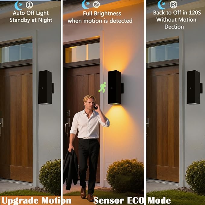 Motion Sensor Outdoor Wall Lights, Dusk to Dawn Exterior Wall Mount Light Fixtures with 3 Modes, Waterproof Up Down Porch Lights for House, Garage, Patio, Entryway, Matte Black