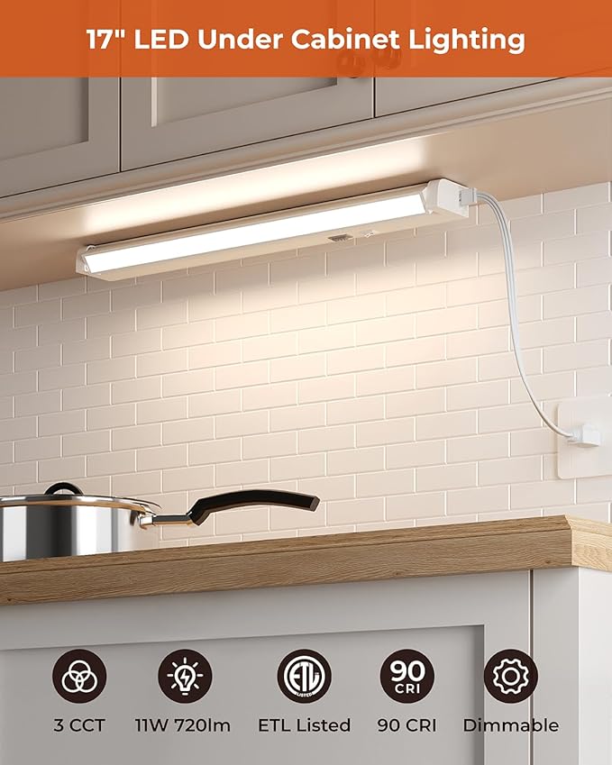 Matane Dimmable LED Under Cabinet Lighting Wired, 17inch 11W 720LM, Hardwired/Plug-in Installation, 3CCT Color Selectable, 120V Under Counter Lights for Kitchen, ETL Listed