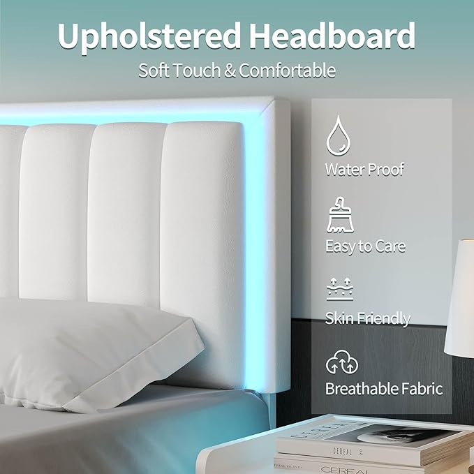 Twin Bed Frame, Twin Bed Frames with Headboard, Upholstered and RGB LED Lights, Heavy Duty Wood Slats Support, Noise-Free, No Box Spring Needed, Easy Assembly, White