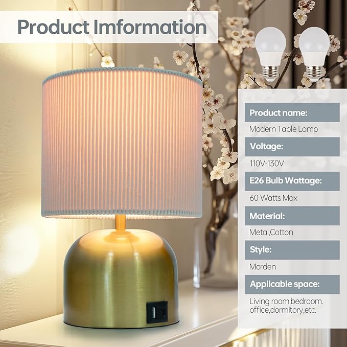 Table Lamp for Bedroom, Bedside Lamps for Nightstand, Minimalist Night Stand Light Lamp with Type-C and USB Ports, Modern Desk Table Lamp for Bedroom, Living Room, Dining Room, Office (Gold)