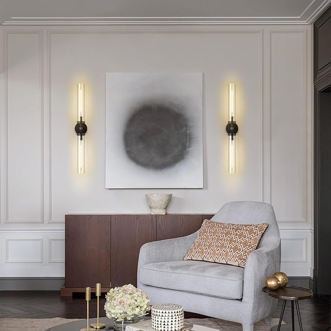 Black Wall Sconces Hardwired, 30" Bronze Wall Sconce for Bathroom, Linear Sconces Wall Lighting, 2-Light Knurled Wall Sconce Dimmable, Vanity Light with Tube Glass, Bathroom Light Fixtures over Mirror