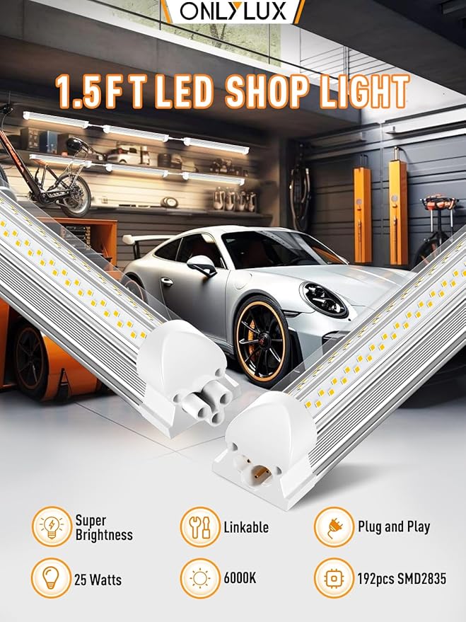 LED Shop Light, 25W 3750LM 6000K Super Bright, Plug and Play, Linkable Utility Shop Lights for Garage, Cabinet, Workbench, Workshop (6 Pack)