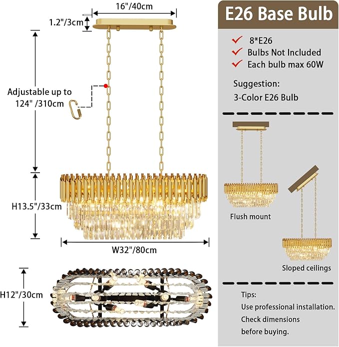 31.5" 8-Light Modern Gold Crystal Chandelier, Luxury Rectangular Raindrop Pendant Light Fixture for Dining Room, Kitchen Island, Living Room, Farmhouse Ceiling Lighting