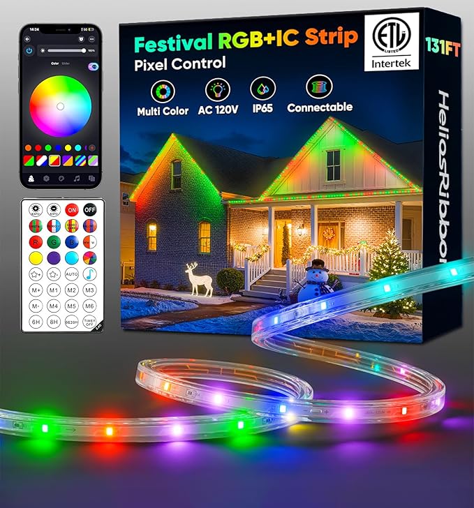 131FT Outdoor LED Strip Lights RGB+IC with Warm&Cool White, 120V Pixel Control Light String Music Sync, Waterproof and Connectable, for New Year Party Festival Eave Porch Patio Home Decor, ETL Listed
