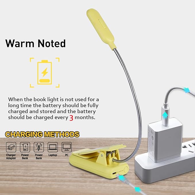 VAVOFO Rechargeable Book Light for Reading in Bed Kids, 7 LED Reading Light with 9-Level Warm Cool White Daylight, Eye Care Lamp with Power Indicator for Bookworms (Yellow)