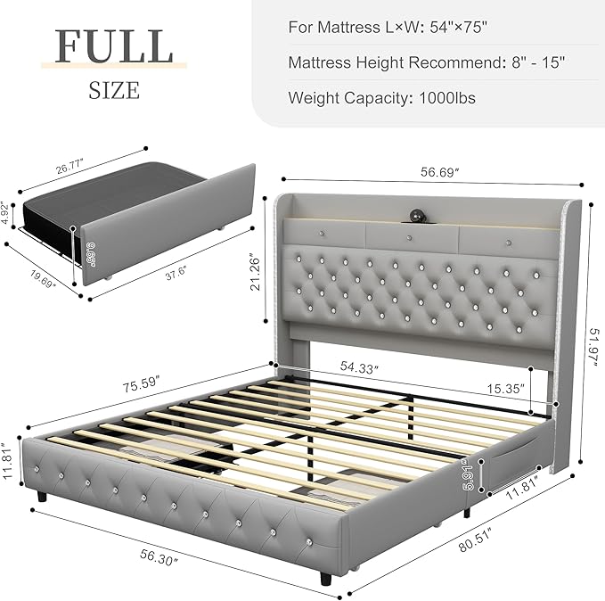 Full Led Bed Frame with Galaxy Aurora Star Projector, 52" Diamond Upholstered Headboard Platform Beds with 2 Storage Drawers, Mattress Foundation with Charging Station, Noise Free, PU Grey