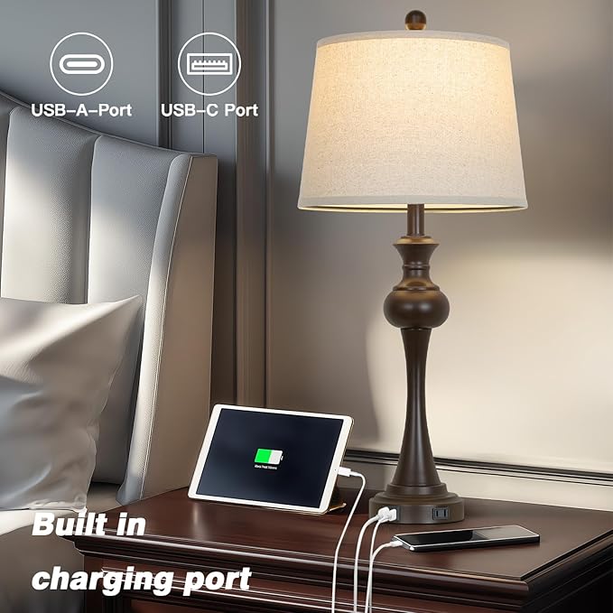 29" Brown Table Lamps Set of 2, Tall Bedside Lamps with USB C+A Ports, 3-Way Dimmable Touch Table Lamp, Nightstand Lamps for Bedroom,Modern Brown Lamps with Beige Lampshade, Bulbs Included
