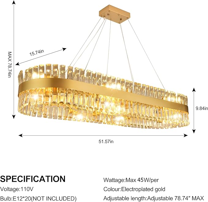 MADEM Modern Crystal Chandeliers,Gold Chandelier Light Fixture, Contemporary Pendant Ceiling Light for Dining Room Living Room Kitchen Island Entryway Foyer,E12 x 20（Bulbs not Included）.