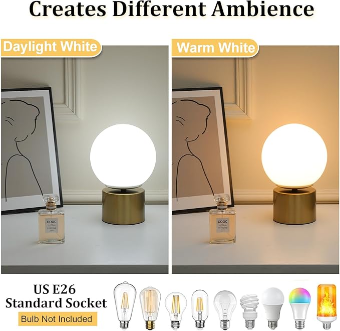 9 Inch Modern Gold Globe Table Lamp, Vintage Mid Century Round Table Lamp with White Glass Shade Metal Base for Bedroom Bedside Lamp Living Room End Table
