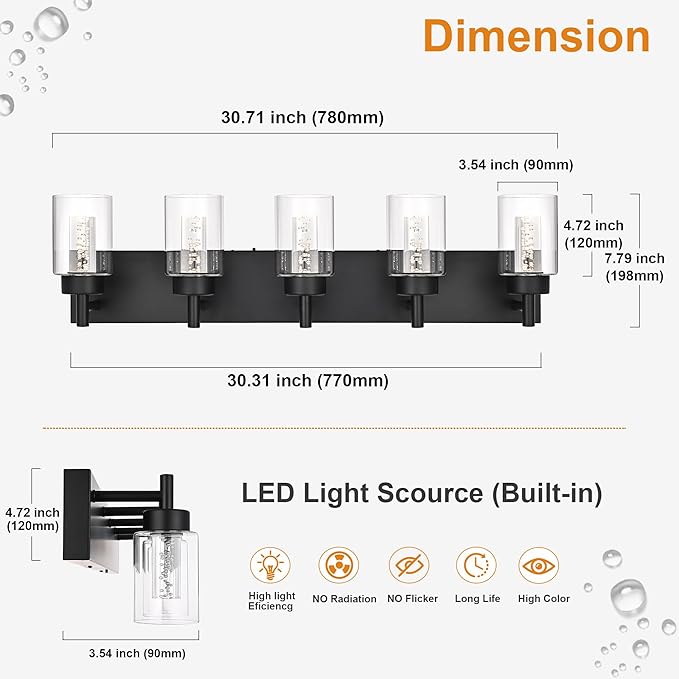 VINLUZ 5-Light LED Bathroom Vanity Light Fixtures, Metal Black Finish Bathroom Lighting Over Mirror Interior Wall Lighting Fixtures with Crystal Bulb Clear Glass Shade(LED Bulbs Included)