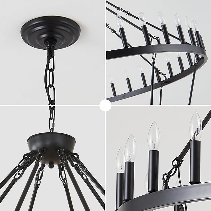80-Inch Black 2 Tier Wagon Wheel Chandelier, 80-Light Double Tier Extra Large Foyer Lighting, Candle Industrial Round Iron Chandelier for High Ceilings, Dining Room, Entryway, E12