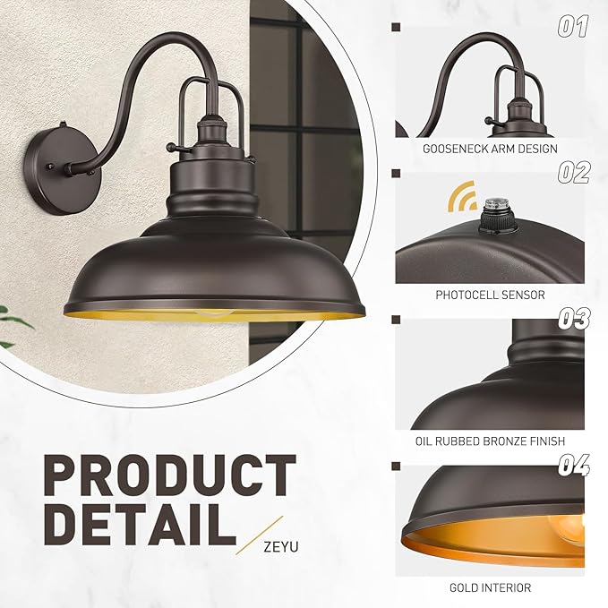 zeyu 18 Inch Vintage Wall Light Fixture, Outdoor Dusk to Dawn Barn Light, Farmhouse Wall Sconce Light for Garden Garage, Oil Rubbed Bronze Finish, 016-1BL-PC ORB