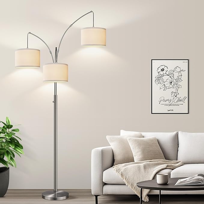 Nintiue Dimmable Floor Lamp - 3 Lights Silver Floor Lamps for Living Room with White Shades & Heavy Base, Mid Century Tree Floor Lamp for Bedroom Office, 3 LED Bulbs Included