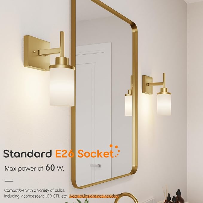 Vanity Lighting Fixtures with White Frosted Glass Shade, Modern Gold Wall Lamps for Bathroom Mirror Bedroom Living Room Porch, 2 Pack T001GD-L1-P2