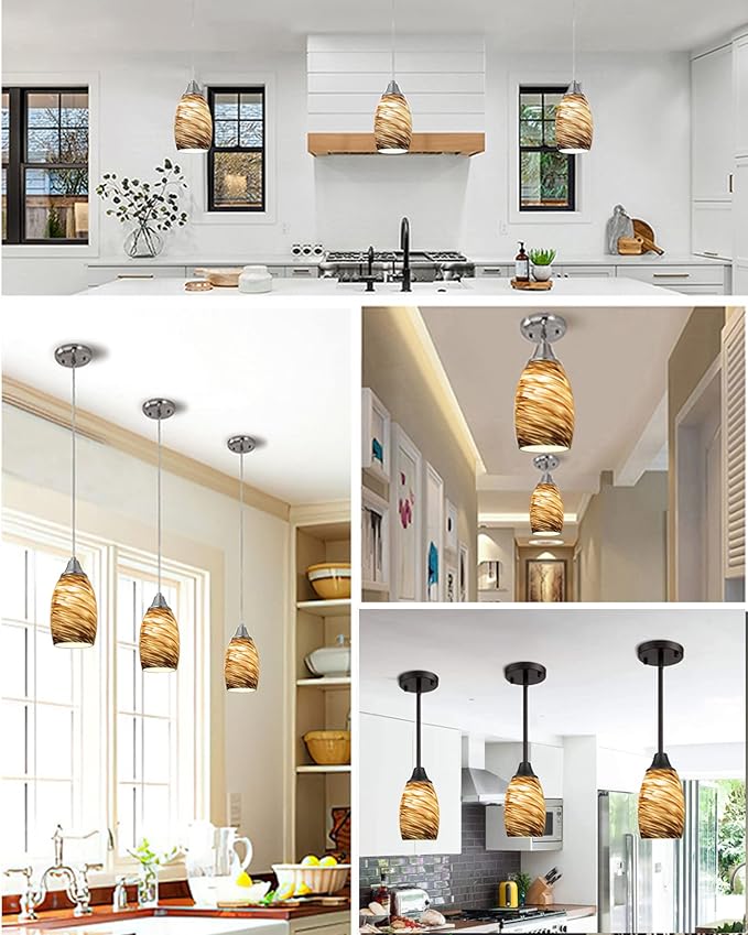 Handcrafted Blown Art Glass Globe Replacement for Pendant lighting fixture handmade Bell Glass Replacement Shade Height 7.48inch Width 4.7inch for Island mini pendant ceiling light (Gold and brown)