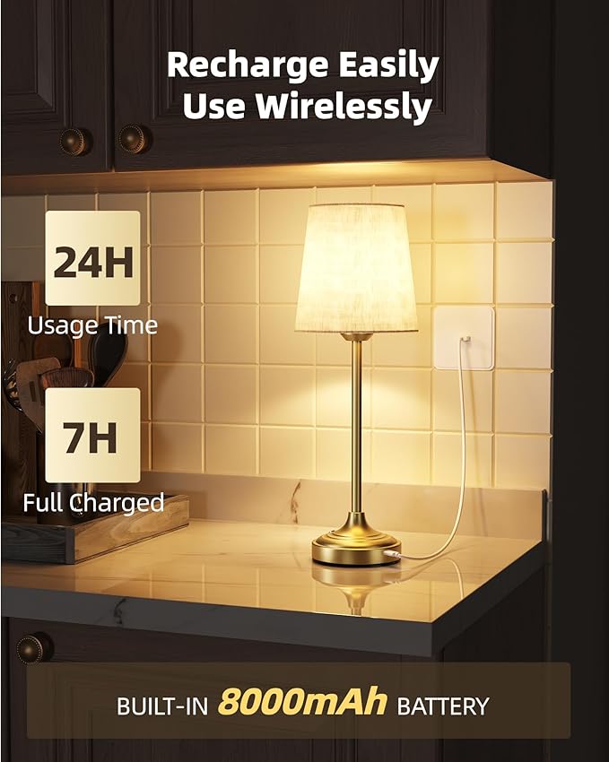EZVALO Wireless Lamp, 2-Pack, 8000mAh, Ambient Light, Touch Control, Dimmable, 2700K, Portable, LED, Wireless, Cordless, Battery Operated, Desk Lamp, Kitchen Lamp, Fabric Shade, for Dining Room