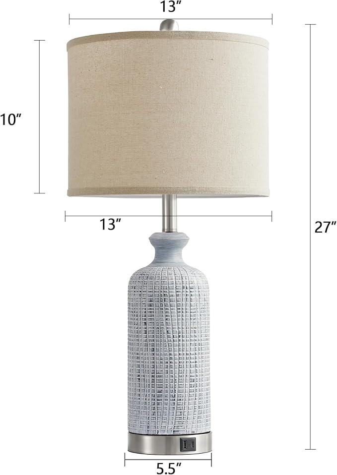 Living Room Lamps Set of 2, 27" Touch Lamps for Nightstand with USB A+C Ports, Modern Farmhouse Table Lamps for Bedroom, 2 Bulbs Included