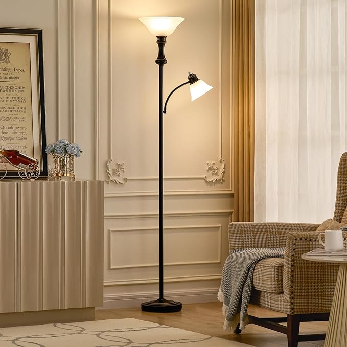 71'' Torchiere Floor Lamp for Bedroom with Glass Shade, Tall Floor Lamps for Living Room with Adjustable Angle Arc Reading Light, Modern Standing Light, Knob Switch, Bulb Included, Black