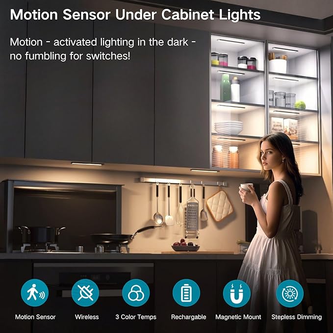 Motion Sensor Under Cabinet Lighting-Magnetic Rechargeable Closet Lights for Kitchen,Stairs,Wardrobe | 3-Color Dimmable LED Under Counter Lighting | Pro Battery Upgrade (16inch-4Pack)
