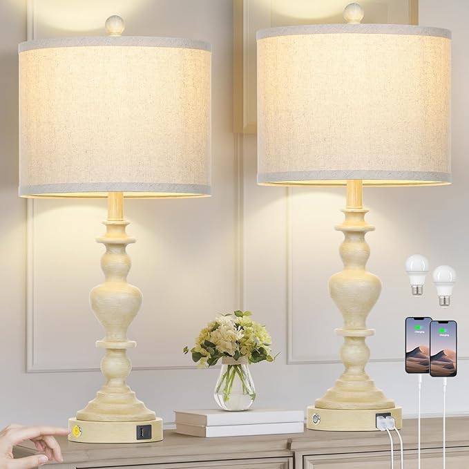 27" Farmhouse Lamps Set of 2 with USB C+A Charging Ports, Vintage Rustic Touch Control Table Lamp for Living Room, 3-Way Dimmable Traditional Nightstand Bedside Lamp for Bedroom Resin Washed Beige