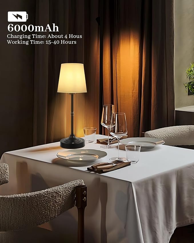 Portable LED Table Lamp, Rechargeable Cordless Desk Lamp with Fabric Shade, 6000mAh Battery Powered Besides Lamp, Stepless Dimmable, 2700K Warm Ambient Light for Indoor Outdoor (Black)