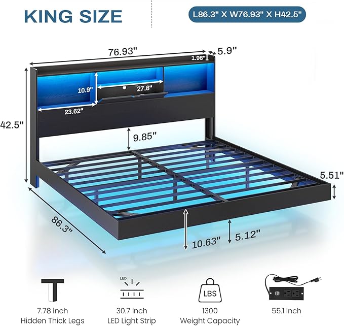 DICTAC King Floating Bed Frame with LED Lights and Storage Headboard, Visual Floating Bed with Charing Station, King Size Metal Platform Bed with Stable Structure, No Box Spring Need, Easy Assembly