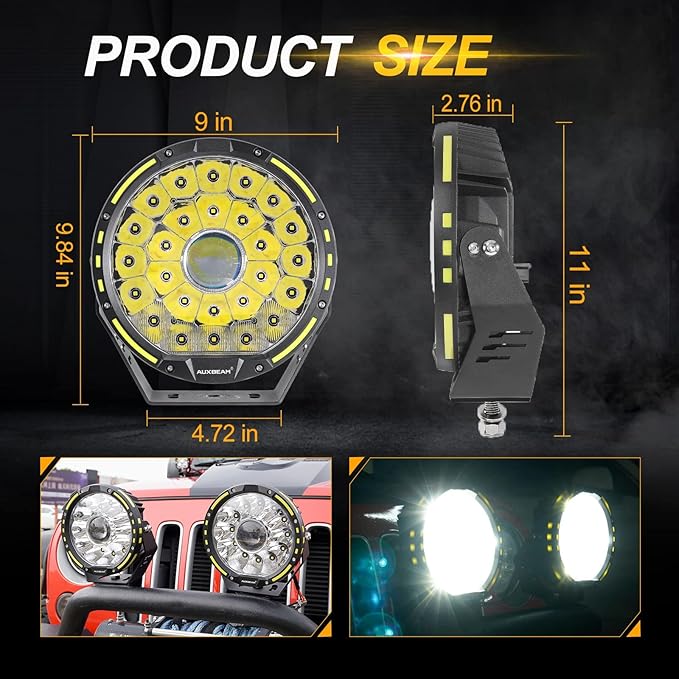 Auxbeam Round LED Driving Light, 360 Pro Series 9 Inch Offroad Spotlights 270W 37776LM Super Bright Off Road Light Bar, Spot Flood Combo Beam Ditch Lights for Truck Jeep ATV UTV, 2 Years Warranty