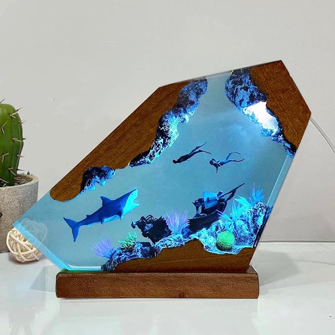 Shark Ocean Resin Lamp, Handmade Resin Night Light for Home Office Decor, Multi-Color LED Light with USB Port, Shark Gifts for Women & Men, Birthday Holiday Marine Biology Gifts for Kids (10"x6")