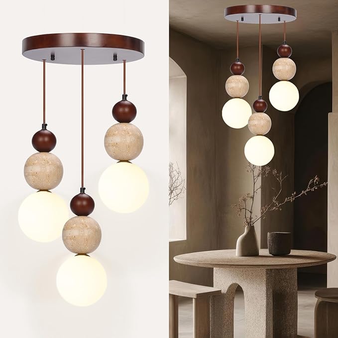 Wabi Sabi Pendant Light,3-Light Travertine Stone Fixture-Japandi Japanese Style Lamp,Nordic Wood Chandelier,Spherical Scandinavian Pendant Light Suits Kitchen Islands,Dining & Living Rooms(Walnut)