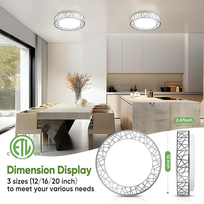12 Inch Flush Mount Ceiling Light, Modern Brushed Nickel LED Ceiling Light Fixture, 20W 1400LM 2700-6500K Adjustable, Dimmable Ceiling Lights for Bedroom, Kitchen, Hallway, Bathroom, ETL