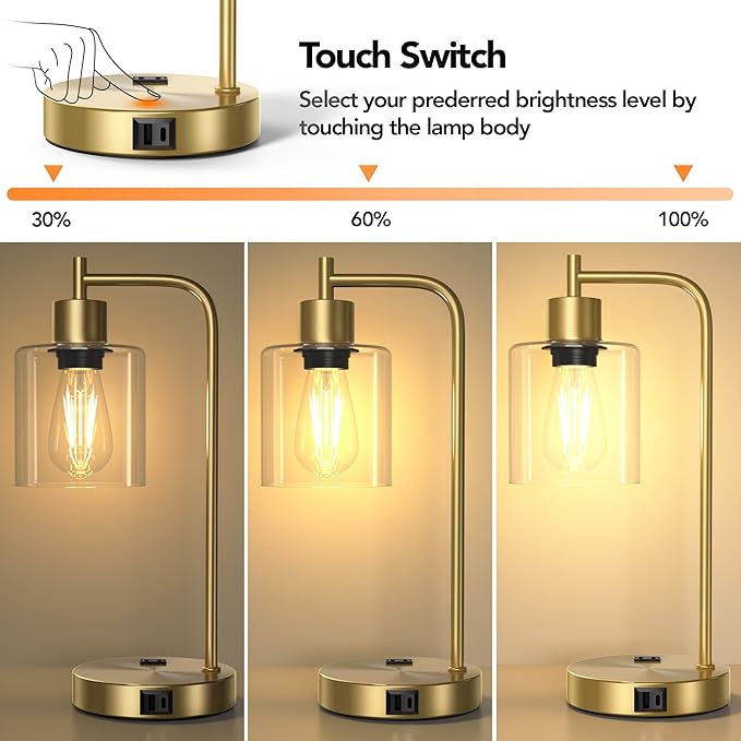 QiMH Set of 2 Industrial Touch Control Table Lamps with 2 USB Ports and 2 AC Outlets, 3-Way Dimmable Bedside Nightstand Reading Lamps with 2700K LED Bulbs, Glass Desk Lamp for Living Room,Bedroom