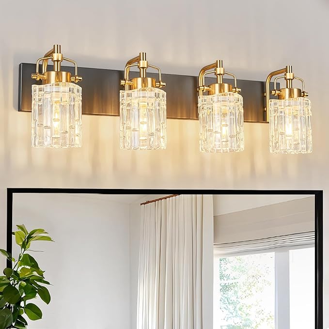 Modern 4-Light Vanity Light with Crystal Glass Shade - Black Gold Bathroom Light Fixture