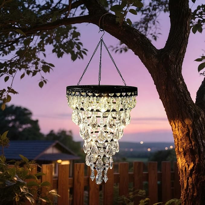 Solar Hanging Crystal Chandelier Outdoor Garden Decorative Lights One Bright WarmLED and 5ft LED Strip Waterproof Hanging Lantern for Christmas,Garden, Yard, Patio, Gazebo, Party, Wedding 6 Tier