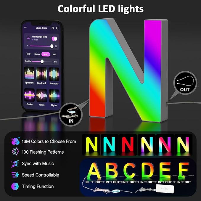 Light Up LED Letter Lights – USB Powered Color Changing Alphabet Sign, APP Controlled Night Light for Bedroom, Party, Birthday, Christmas & Valentine Decorations,N