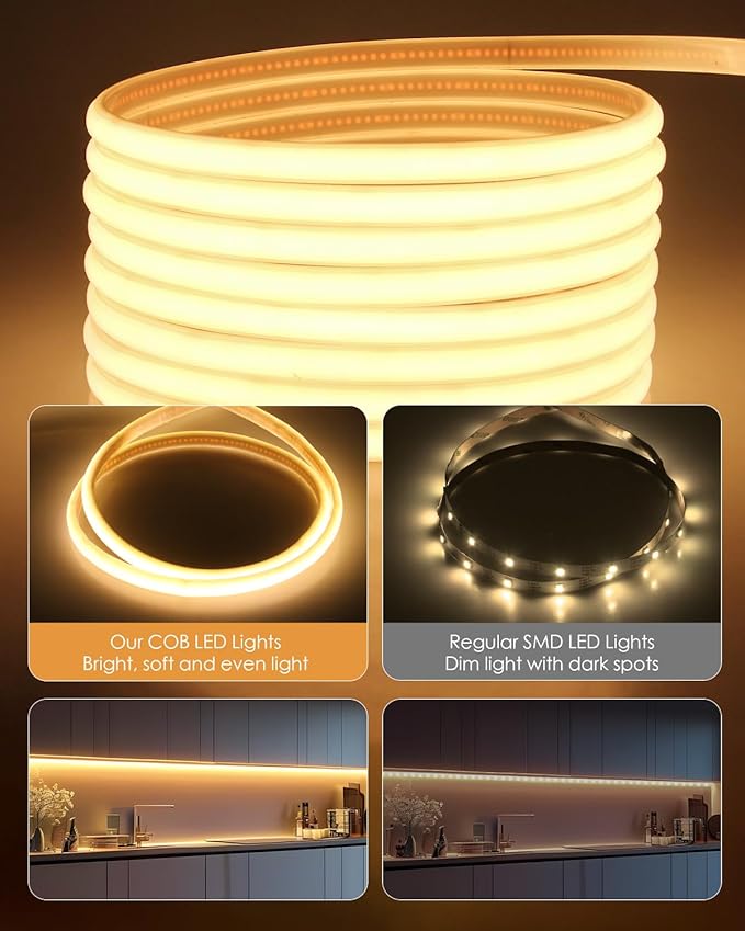 Aclorol 16.4FT Waterproof COB LED Strip 5V USB Dimmable LED Flexible Tape Light with Timer Warm White 3000K for TV Backlights Bedroom Living Room Ambiance Cupboard Pergola Lighting Decor 10mm Width
