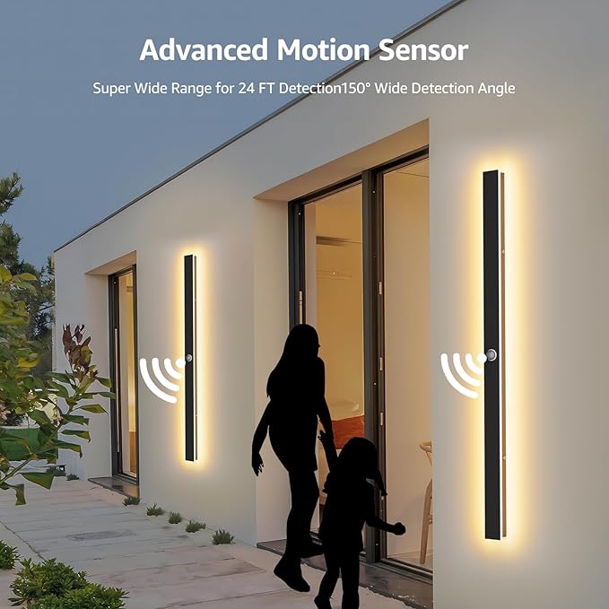 2 Pack 47.25inch Motion Sensor Long Outdoor Wall Lights 35W Black 3000K Warm White Motion Porch Lights IP65 Waterproof Exterior Wall Light Fixtures for Garage Patio Porch