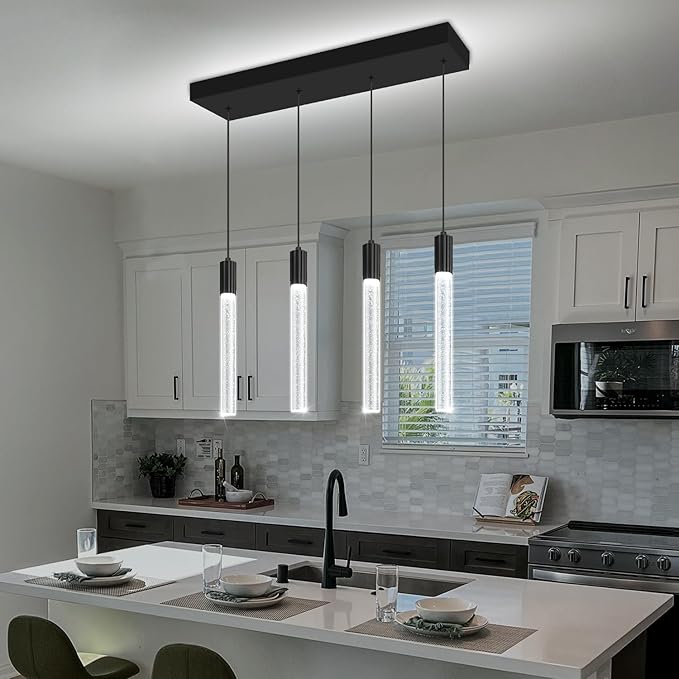 Modern 4-Light Crystal Pendant Chandelier – Rectangular Black LED Ceiling Light with Cylindrical Crystals for Staircase, Foyer, Living Room, Hallway, Bedroom