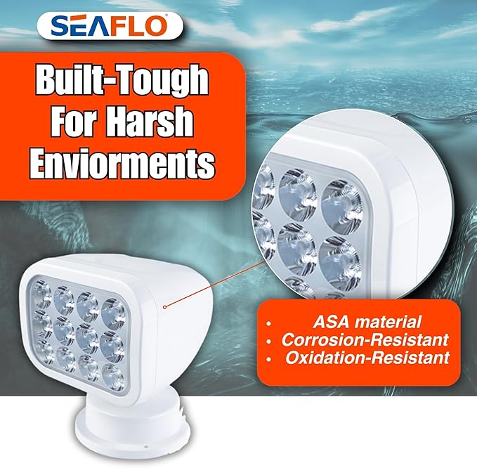 SEAFLO 360° Rotating Remote Control LED Searchlight, 10-30V, Auto-Reset, IP66 Waterproof, Marine Spotlight for Boats, Truck, Vehicles, CE & Rohs Certified (Wired Remote/White//Warm Light 2700K)
