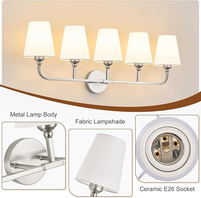 Brushed Nickel Bathroom Light Fixtures,5-Light Vanity Lights,Bathroom Lighting Fixtures Over Mirror with Flared White Fabric Shade,Modern Wall Sconce for Mirror Hallway Bedroom Living Room(ETL Listed)