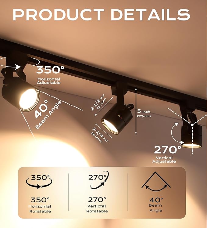 CLOUDY BAY 8W Dimmable LED Track Light Head,4000K Cool White CRI90+ True Color Rendering Adjustable Tilt Angle Track Lighting Fixture,40° Angle for Accent Retail,Black Finish,Halo Type- Pack of 6