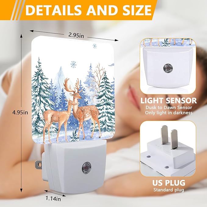 Vintage Deer Forest Night Light, Plug-into Winter Animals Nightlight White LED Lamp, Energy Efficient Decor Desk Lamp for Bedroom Hallway Stairs Bathroom