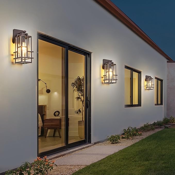 Outdoor Wall Light Fixture with Seeded Tempered Glass, Large Waterproof Outside Wall Coach Lantern with E26 Sockets, Brown Porch Sconces Lamp for House, Patio, Garage
