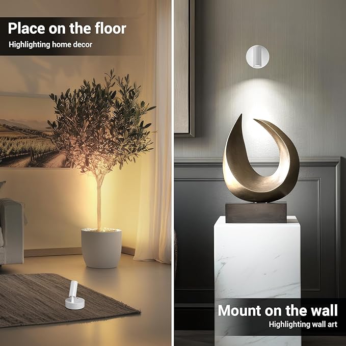 Spotlight Indoor, Wireless Battery Operated with Remote,Uplight Indoor Down Light for Picture on Wall, Plant Spotlight Dimmable Timer, Ceiling Lights Painting for Trees Plant, White 4 Pack