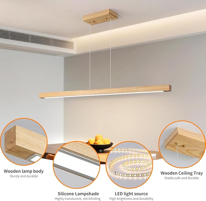 Modern Wooden Pendant Light, 47IN White Ash Wood Chandelier with Remote Control 3000k-6500K Adjustable Color Temperature，Aluminum Island Lighting Lamp for Dining Room, Living Room A