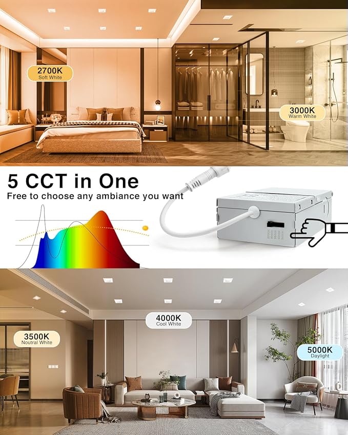 Adetu 4 Inch Anti-Glare LED Downlight,Dimmable Ceiling Light with 5CCT Reset,Selectable from 2700K to 5000K - 12W 1080LM, ETL Certified (White, 1 Pack Square)
