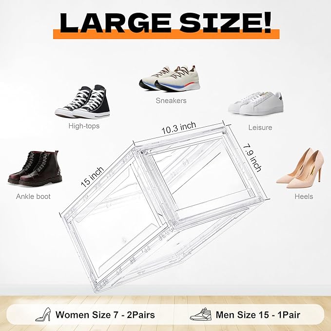 3 Pack Acrylic Shoe Boxes, Ultra Clear Shoe Boxes Stackable, Shoe Storage Box Sneaker Storage for Sneakerhead, Foldable Shoe Organizer with Magnetic Door, Professional Shoe Display Fits US Size 15