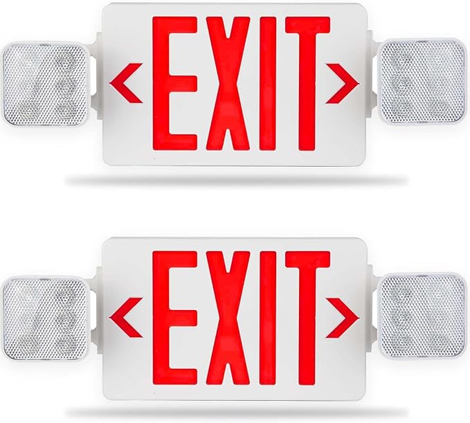LED Combo Exit Sign Emergency Light, Commercial Emergency Exit Lights with Battery Backup, Double Sided and Adjustable Two LED Head, Fire Resistant UL 94V-0, AC 120/277V (2 Pack)