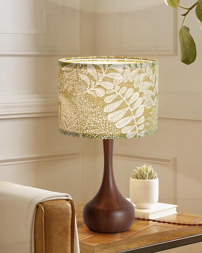 Vintage Boho Green Flower Fabric Red Wood Pattern Bedside Nightstand Table Lamp for Bedroom, Mid Century Modern Farmhouse Decorative Table Lamp Desk Lamp for Living Room Hallway Home Office