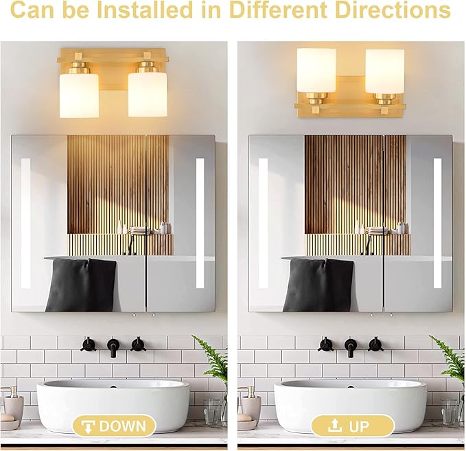 2 Light Modern Bathroom Light Fixtures Over Mirror, Brass Finish Vanity Lights for Bathroom Wall Sconces with Milky White Glass Shades, E26 Socket (Bulbs Not Included)