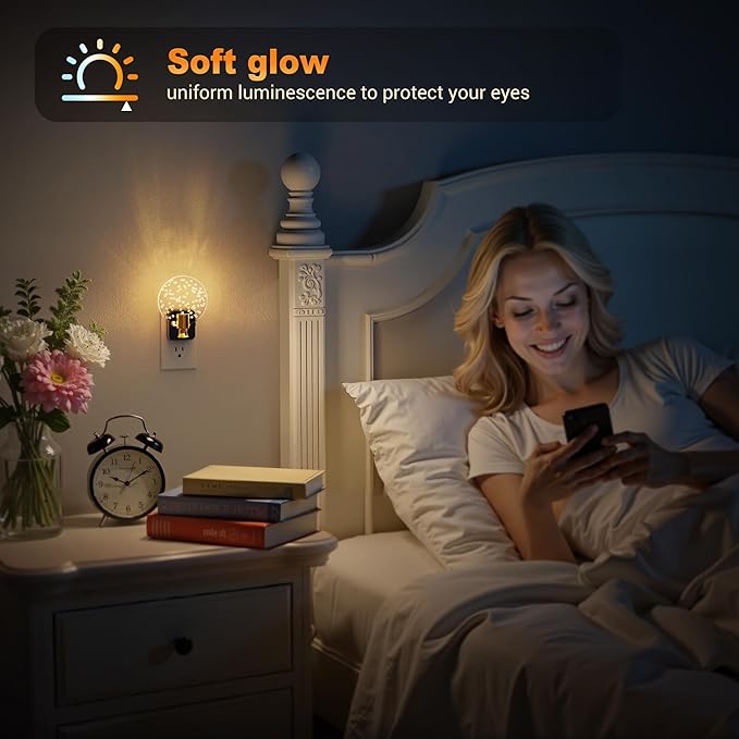 JandCase Night Light, Dimmable Night Lights Plug into Wall, Bubble Nightlight with Auto On/Off Light Sensor, 0-100LM LED Round Nightlights, 180°Rotatable Acrylic Nite Light for Hallway Bathroom